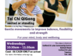 Elderly people practising Tai Chi QiGong in a community hall, with event details on the poster.