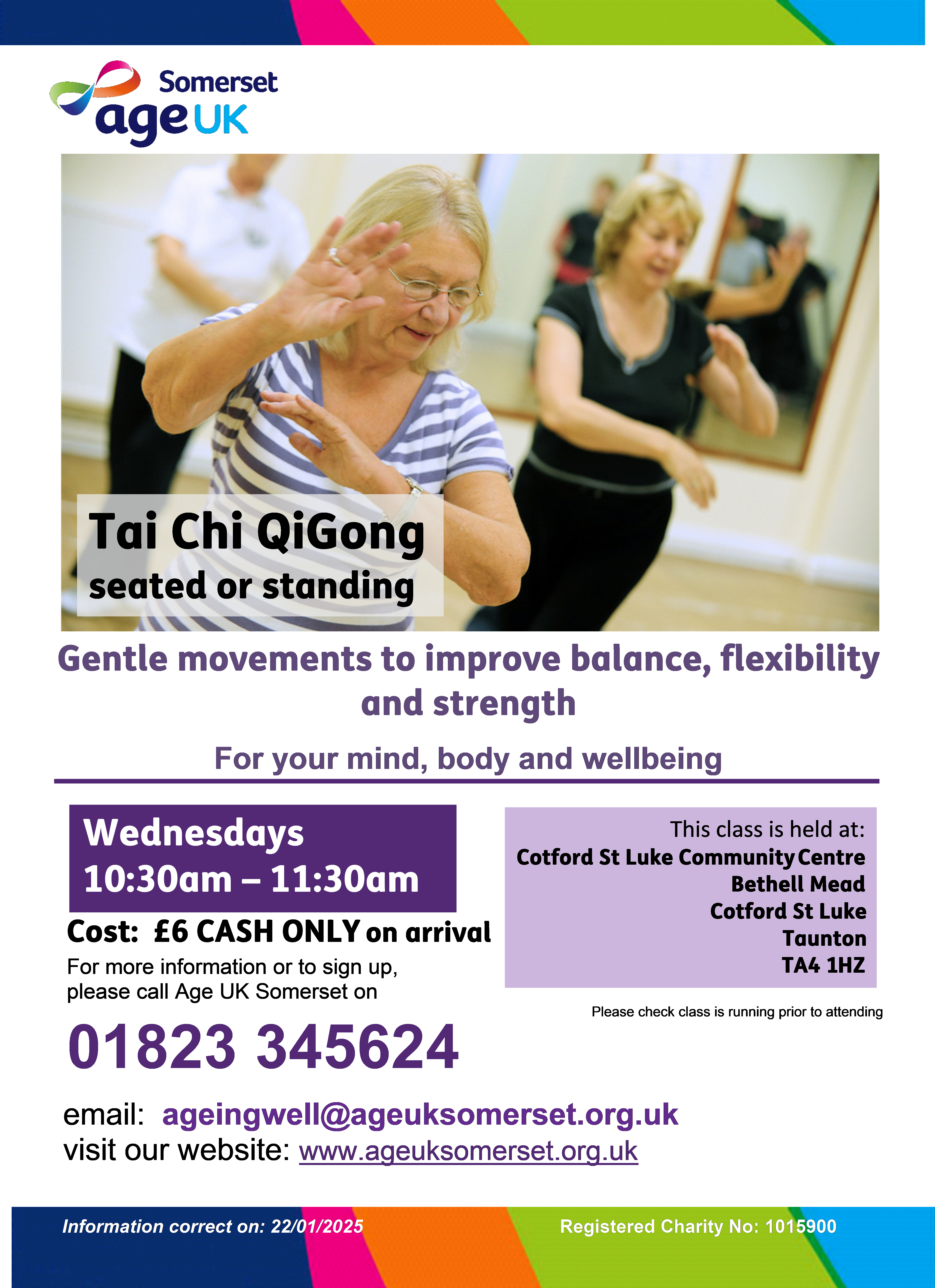 Elderly people practising Tai Chi QiGong in a community hall, with event details on the poster.