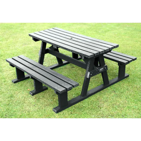 Picture1 Black picnic table with attached benches, placed on green grass.