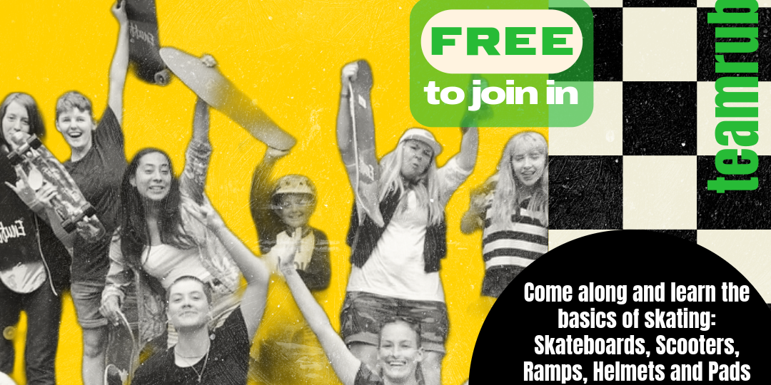 Group of people holding skateboards, promoting free skateboard coaching event on 25 July.