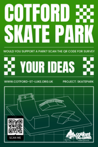 Skate park design blueprint, QR code for survey, Cotford Skate Park, green background, white text.